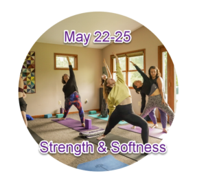 Circle badge promoting a yoga class in a sunlit studio; dates May 22–25, with the theme 'Strength & Softness'